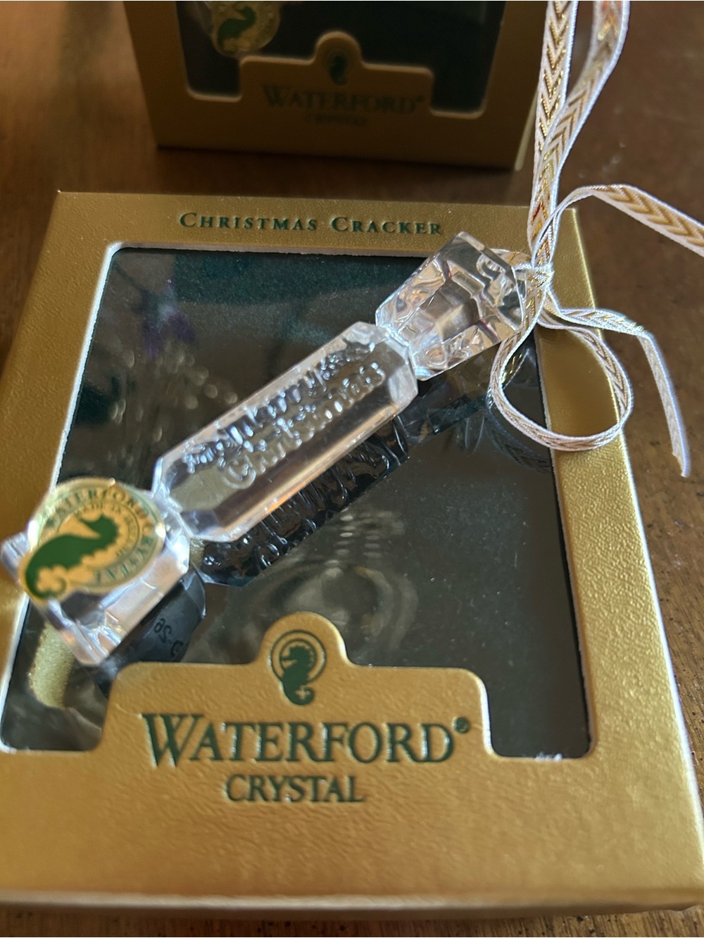 Waterford Clear Crystal Christmas Cracker Ornament with Gold Ribbon